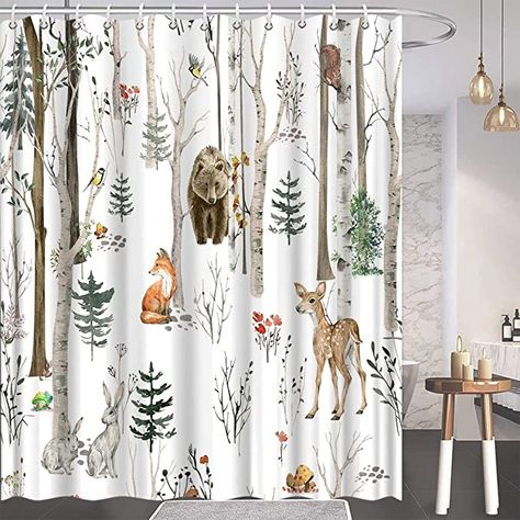 Farmhouse Lodge, Forest Shower Curtain, Fabric Curtains, Birch Tree, Wild Animals, Bath Decor, Shower Curtain, Hunting, Cabin