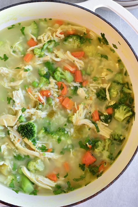 Chicken Vegetable Soup - Layers of Happiness Chicken Soup With Broccoli, Chicken And Broccoli Soup Recipes, Soup With Carrots And Broccoli, Green Vegetable Soup, Frozen Broccoli Recipes Soup, Vegetable Chicken Soup, Chicken Broccoli Soup Recipes, Soup With Zucchini And Chicken, Chicken Soup Vegetable