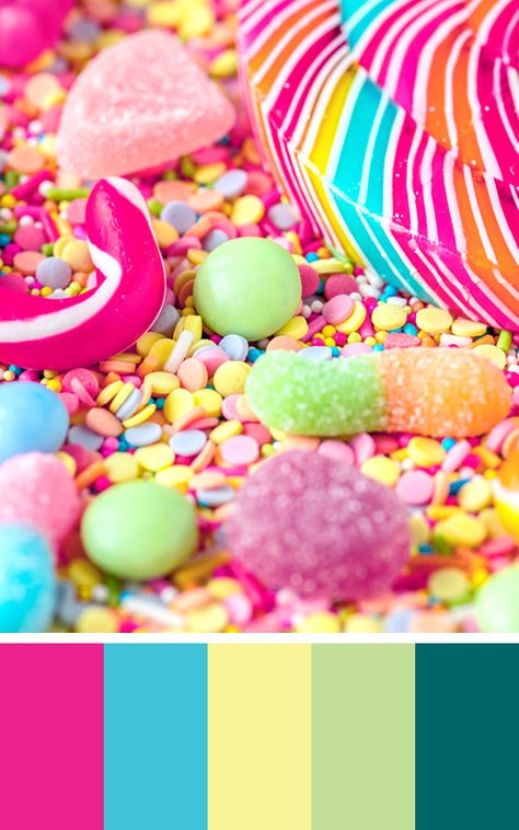 I want candy! And a delicious color palette that's bright, but practical with a few muted shades and a dark to balance it out. Candy Color Palette, Color Scheme, Tips And Tricks, Your Style, Color Palette, Candy, Yellow, Green, Pink