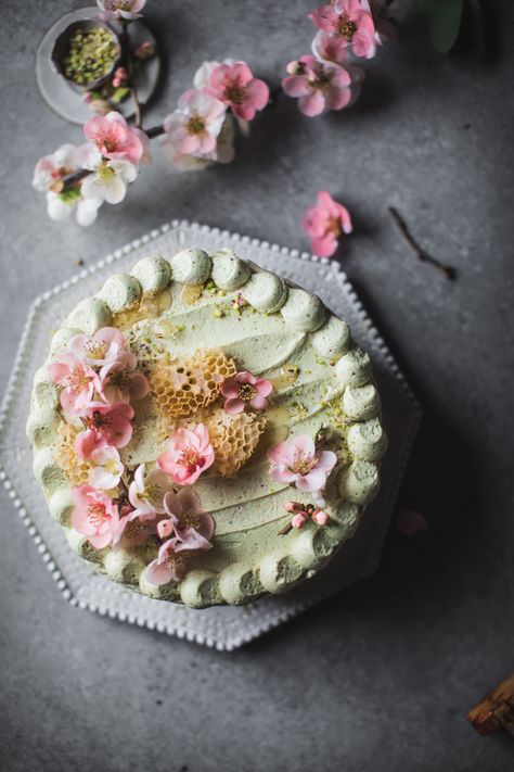 Honey Orange Blossom Cake with Pistachio Buttercream | Adventures in Cooking Garden Party Desserts, Unique Cake Recipes, Orange Blossom Cake, Wholesome Lifestyle, Cake With Pistachio, Pistachio Buttercream, Pretty Baking, Grey Cake, Foodie Lover