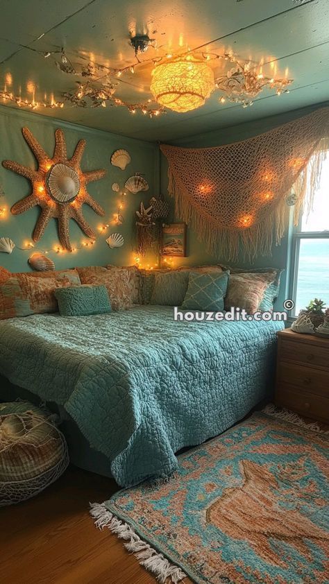 Bedroom Back Wall Design, Bedroom Back Wall, Back Wall Design, Decor Above Couch, Beach Inspired Bedroom, Beach House Room, Ocean Themed Bedroom, Beach Room Decor, Bedroom Coastal