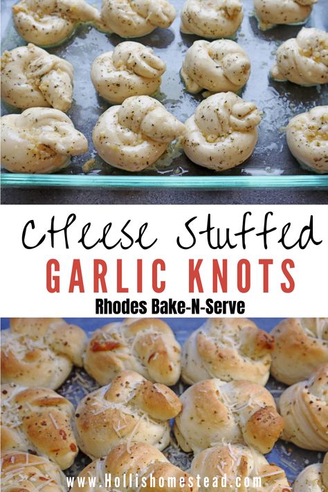 Cheese stuffed Garlic knots Rhodes Garlic Knots, Cheese Stuffed Garlic Knots, Rhodes Rolls Garlic Knots, Stuffed Garlic Knots, Rhodes Rolls Recipes, Garlic Knot, Rhodes Dinner Rolls, Rhodes Rolls, Frozen Rolls