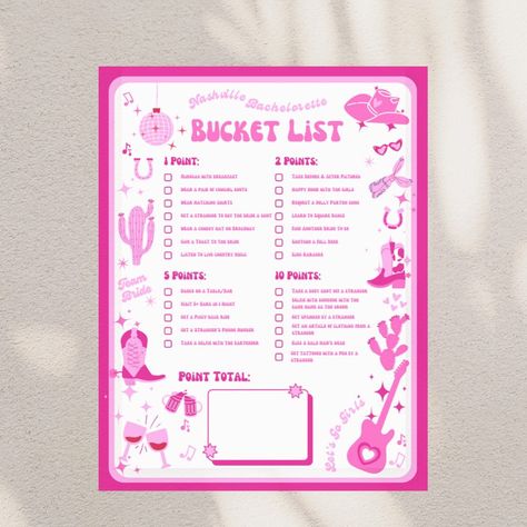 Nashville bachelorette party bucket list scavenger hunt game #etsy #pink #bacheloretteparty #bachelorette #party #bucketlist #nashville #dollyparton #yeehaw #bridetobe Nashville Scavenger Hunt, Party Bucket List, Bachelorette Bucket Lists, Bachelorette Scavenger Hunt, Party Bucket, Scavenger Hunt Games, Nashville Bachelorette Party, List Challenges, Nashville Bachelorette