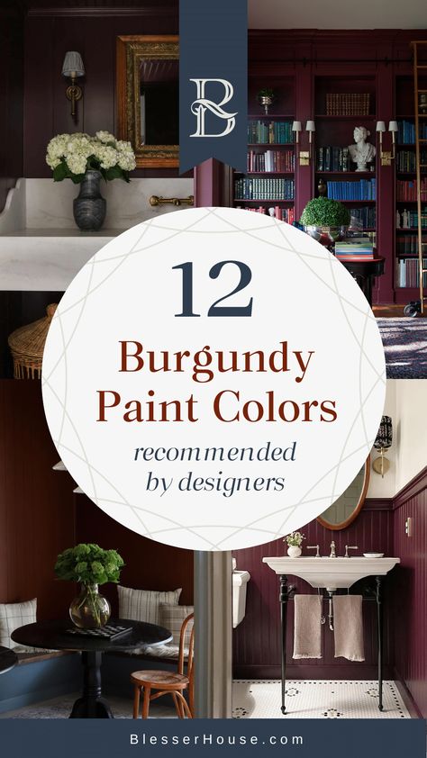 The top burgundy paint colors most recommended by interior designers for a moody, sophisticated space in bathrooms, kitchens, and bedrooms. Smoked Mulberry Paint, Dark Burgundy Wall Paint, Behr Divine Wine, Burgundy Fireplace Wall, Burgundy Cabinets Bathroom, Gooseberry Paint Color, Oxblood Dining Room, Sw 6300 Burgundy, Best Maroon Paint Color