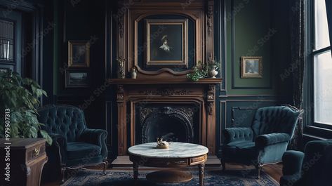 A dark and moody Victorian-style sitting room with deep green walls, a marble-topped coffee table, velvet chairs, and an ornate wooden fireplace
 Stock Illustration Moody Fireplace Wall, Deep Green Walls, Moody Victorian, Velvet Chairs, Wooden Fireplace, Paint Fireplace, Marble Top Coffee Table, Dark And Moody, Green Walls