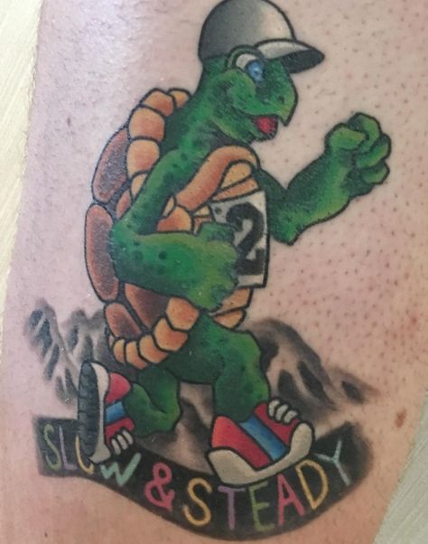 Slow and steady tortoise I got 3 days after running a 100km ultramarathon. By Deuce at Chapel Tattoo in Melbourne Australia. Slow And Steady Tattoo, Turtle Men Tattoo, Earth Turtle Tattoo, Land Turtle Tattoo, Turtles All The Way Down Tattoo, Turtle World Tattoo, Runner Tattoo, Running Tattoo, Sea Turtle Tattoo