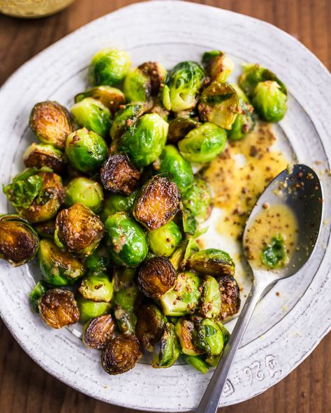 Pan-Roasted Brussels Sprouts with Maple-Mustard Vinaigrette | PrimalGourmet Maple Mustard Vinaigrette, Primal Gourmet, Mustard Vinaigrette, Maple Mustard, Paleo Diet Recipes, Paleo Dinner, Primal Paleo, Roasted Brussel Sprouts, Healthy Side Dishes