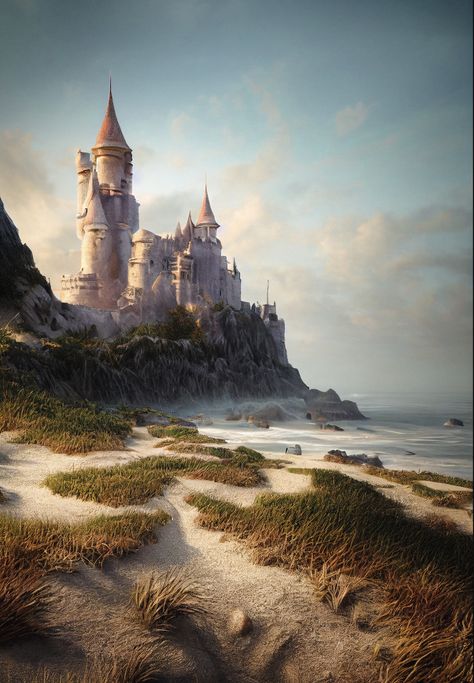 Castle By The Sea Fantasy Art, Coastal Castle Fantasy Art, Cliffside Castle Fantasy Art, Fantasy World Aesthetic Castle, Island Castle Aesthetic, Air Castle Fantasy Art, Castle Near Ocean, Fantasy Island Castle, Fantasy Castle By The Sea