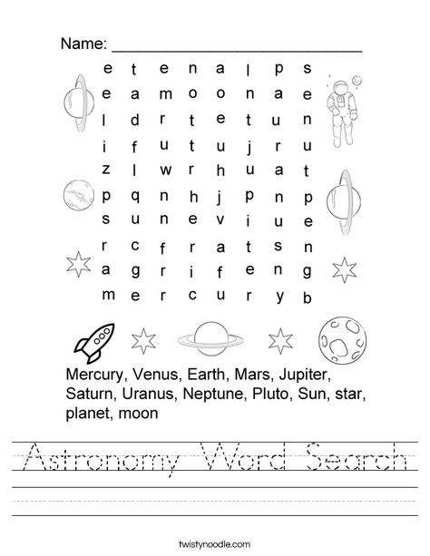 Astronomy Word Search Worksheet - Twisty Noodle Astronomy Worksheets, Space Word Search, Cursive Tracing, Word Search Free Printable, Tracing Font, Space Preschool, Transportation Worksheet, Handwriting Sheets, Twisty Noodle