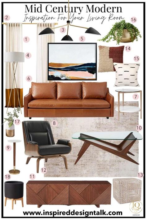 Counseling Decor, Mid Century Modern Living Room Decor, Serene Home, Leather Couches Living Room, Mid Century Modern Interior Design, Modern Inspiration, Office Decorating, Retro Living Rooms, Mid Century Living