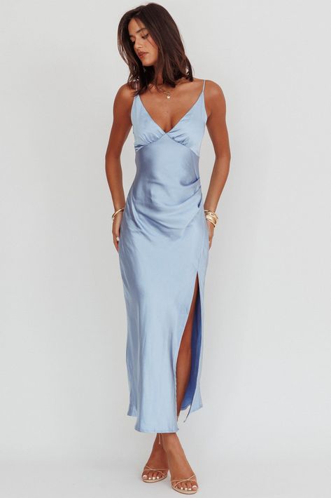 Formal Dresses V Neck, Wedding Guest Dresses Casual, Light Blue Winter Formal Dresses, Dusty Blue Midi Dress, September Wedding Guest Dress Casual, Navy Blue Suit And Dress Couple, Navy Blue Satin Prom Dress, Pretty Long Dress, Formal Dresses Maxi