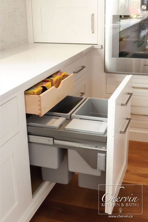 Beautiful two bin garbage drawer with pull out drawer above for bags and other storage. #kitchenorganization Garbage Drawer, Kitchen Compost Bin, Cocina Diy, Pull Out Drawer, Diy Kitchen Storage, Kitchen Tops, Cabinet Organization, Custom Cabinetry, Custom Kitchen