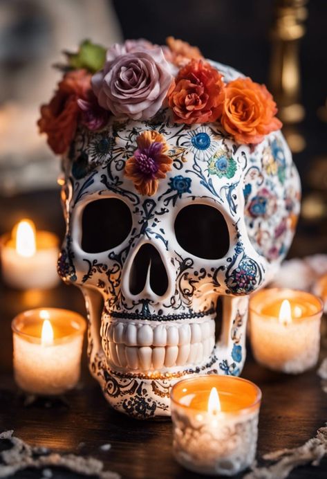 Day of the Dead sugar skulls! 🌼🌼 These handcrafted works of art are not just decorations, but symbols of love and remembrance. 🕊️💀 With intricate designs and vibrant colors, each sugar skull pays homage to departed loved ones, celebrating their lives in a joyful and festive way. 🌺✨ Embrace the rich cultural tradition and add a touch of Mexican heritage to your space this Day of the Dead. 💕🎉 #DayOfTheDead #SugarSkullMagic #MexicanTradition #CelebratingLife" Day Of The Dead Decor, Day Of The Dead Aesthetic, Day Of The Dead Decorations, Day Of The Dead Festival, Skull Artwork Illustrations, Mexican Style Decor, Mexican Halloween, Dia De Los Muertos Decorations Ideas, Day Of The Dead Party