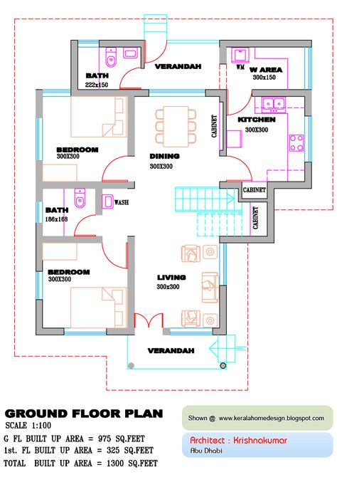 Kerala home plan and elevation - 1300 Sq. Feet House Plans Indian Style, Indian House Plans, Basement House Plans, Free House Plans, House Plans 3 Bedroom, Three Bedroom House, Duplex House Plans, Kerala House Design, Kerala Houses