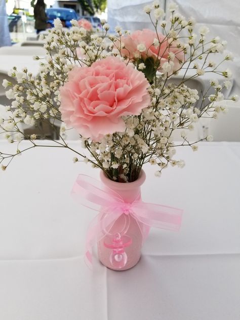 Baby shower centerpiece...Milk bottles, babys breathe, and carnations. Love them❤ Princess Baby Shower Table Centerpieces, Carnation Baby Shower Centerpieces, Pink Butterfly Baby Shower Centerpieces, Centerpiece For Baby Shower Table, Simple Baby Shower Table Centerpieces, Baby Girl Baby Shower Centerpieces, Baby Girl Shower Centerpiece Ideas, Pink Elephant Baby Shower Centerpieces, Centerpiece For Baby Shower Girl