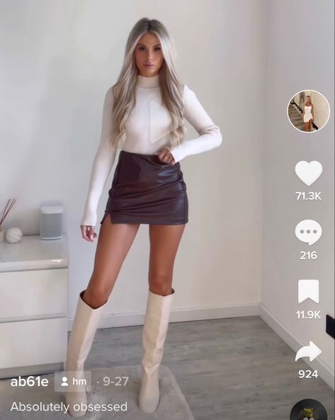 Brown Checked Skirt Outfit, Chocolate Leather Skirt Outfit, Short Brown Leather Skirt Outfit, Leather Mini Skirt Outfit Summer, Leather Mini Skirt Outfit Winter, Leather Skirt Fall Outfit, Leather Skirt Outfit Fall, Short Leather Skirt Outfit, Cute Fits Winter