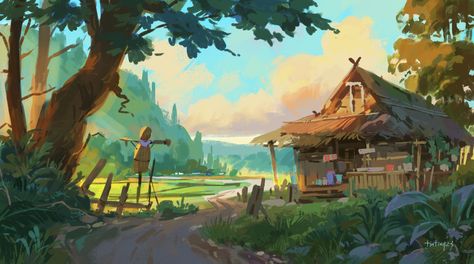 ArtStation - Color sketch Cottage Concept Art, Adventure Artwork, Environment Painting, Barn Painting, Artist Working, Fantasy Background, Scenery Background, Location Inspiration, Landscape Concept