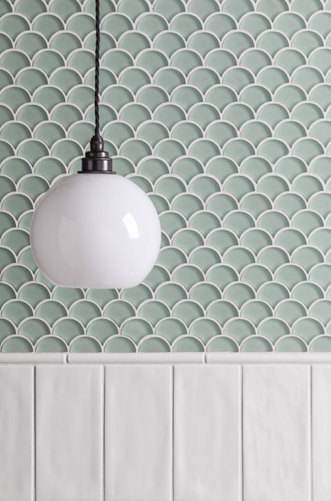 Glacier Green Glass Scallop Mosaic Fish Scale Tiles, Scallop Tiles, Bathroom Design Small Modern, Mandarin Stone, Fish Scale Tile, Indoor Tile, Tile Trends, Surf House, Porcelain Mosaic Tile