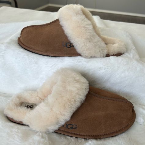 Brand New Ugg Scuffette Ll Slippers New With No Box Size 10 Women’s Color Chestnut Suede Upper Sheepskin Collar Sheepskin Lining And Insole Rubber Outsole Sz Tag Have Been Marked To Prevent Store Returns Scuffette Ugg Slippers, Ugh Slipper, Ugg Cozy Knit Slippers, Ugg Scuffette Slippers, Clean Outfits, Cinderella Slippers, Uggs Slippers, Ugg Platform, Slipper Ugg