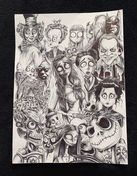 Tim Burton Art Style Painting, All Tim Burton Characters Together, Tim Burton Gcse Art Page, Tim Burton Drawings Sketches Character Design, Tim Burton Art Project, Tim Burton Research Page, Tim Burton Artist Research Page, Winter Drawing Aesthetic, Tim Burton Clay Art