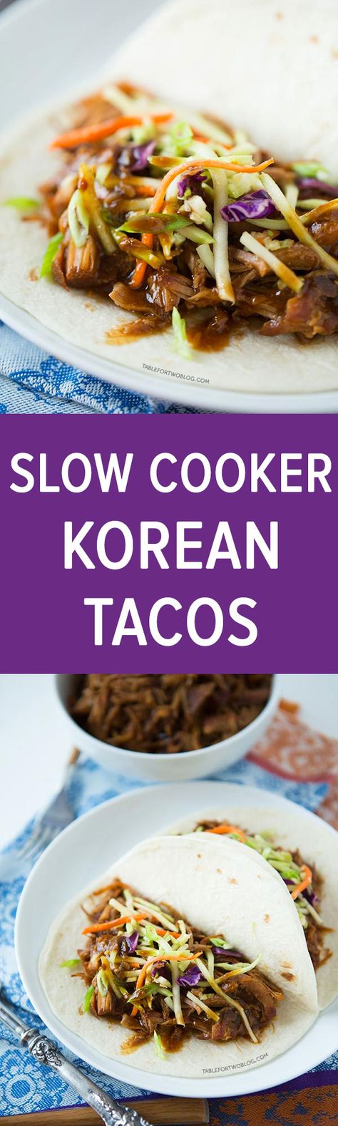 Slow cooker Korean tacos are so easy to make and the results are a tender & flavorful pork wrapped inside a warm tortilla and topped with a tangy slaw! Korean Pork Tacos, Asian Pork Tacos With Slaw, Crockpot Korean Beef Tacos, Slow Cooker Korean Pork Tacos, Pork Street Tacos Slow Cooker, Pork Wraps, Paleo Crockpot, Crockpot Pork, Crock Pot Slow Cooker