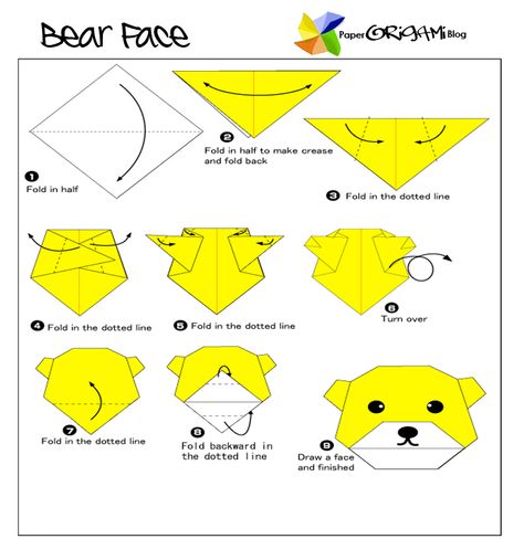 Easy Origami: Bear Face ~ Paper Origami Folding Diagram Origami Instructions Animals, Bear Origami, Origami Bear, Origami Instructions For Kids, Dragon Origami, Origami Guide, Easy Origami Animals, Origami Dog, Origami Templates