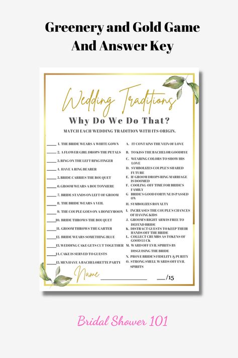 Wedding Traditions Game, Bridal Advice, Wearing Color, Wedding Traditions, Keys Wedding, Gold Bridal Showers, Game Printable, Groom Wear, White Gowns