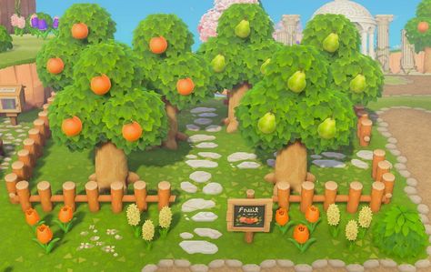 Fruit Trees Animal Crossing, Animal Crossing Money Tree Garden, Acnh Orange Orchard, Acnh Small Orchard, Orchard Animal Crossing, Acnh Skye, Acnh Orchard Ideas, Acnh Orange, Acnh Orchard