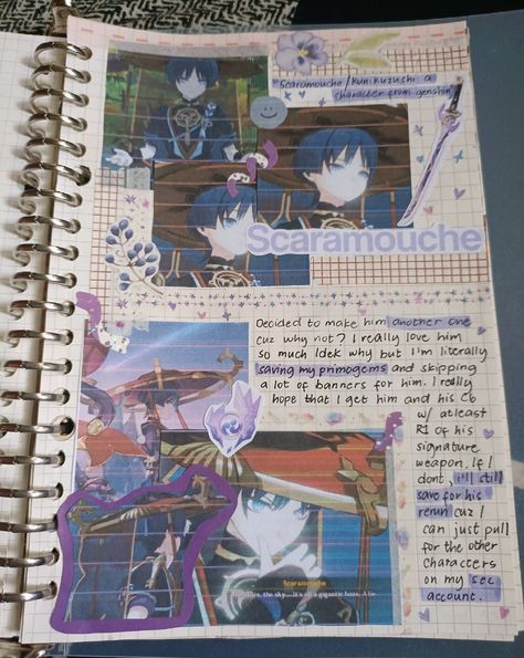 Scaramouche Genshin impact Genshin Scrapbook, Genshin Webtoon, Genshin Impact Journal, Genshin Journal, Anime Journal Spread Ideas, Fan Journal, Genshin Aesthetic, Scrapbook Pictures, Bullet Journal Cover Ideas