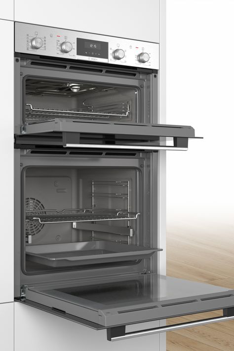 A double oven is great for offering more cooking room and only needing a slightly more space than a single oven. Bosch Appliances, Built In Double Ovens, Kitchen Words, Stainless Steel Oven, Single Oven, Bath Shower Mixer Taps, Price Offer, Electric Oven, Cooking Appliances