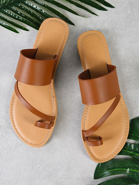 Toe Ring Diagonal Strap Single Band Slide Sandal WHISKEY -SheIn(Sheinside) Dressy Flat Sandals, Camel Sandals, Vegan Sandals, Tan Flats, Toe Ring Sandals, Chic Sandals, Tan Sandals, Sandals Outfit, Womens Summer Shoes