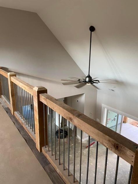 Mountain Home Stair Railing, Barndominium Stair Railing, Loft Rails Ideas, Interior Beams And Posts, Railings For Lofts, Loft With Railing, Rustic Wood Railings For Stairs, Farmhouse Metal Railings Indoor, Rustic Loft Railing Ideas