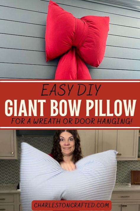 Want to add a BIG BOW to your holiday decor? It could be a wreath, door hanging, or wall decor! Here’s how to make a giant bow pillow! Pillow Bows Diy, Diy Bow Pillow, Diy Bow Decorations, Bow Pillow Diy, How To Make A Giant Bow, How To Make A Big Bow, Fix Leaky Faucet, Bow Pillow, How To Patch Drywall