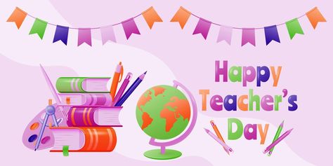 Happy Teachers Day poster in cartoon style. School background with books, pencils and globe. Vector illustration. Happy Teachers Day Poster, Background With Books, Teachers Day Poster, School Background, Globe Vector, Happy Teachers Day, Wedding People, Teachers Day, Cityscape Photos