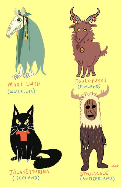 Christmas Cryptids, Cute Cryptids Art, Yule Animals, Not Deer Cryptid Art, Scary Folklore Creatures, Yule Cat, Yule Goat, Pagan Yule, World Mythology