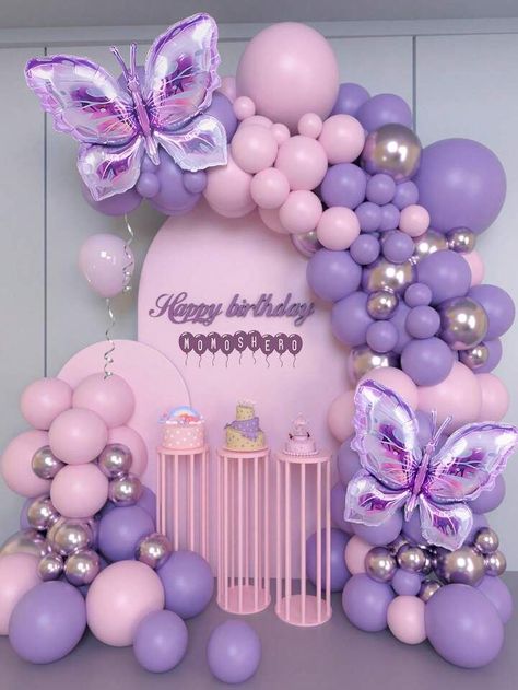 Butterfly Baby Shower Cake, Simple Balloon Decoration, Butterfly Baby Shower Decorations, Butterfly Birthday Party Decorations, Purple Happy Birthday, Surprise Birthday Decorations, Butterfly Baby Shower Theme, Birthday Decorations At Home, Butterfly Balloons