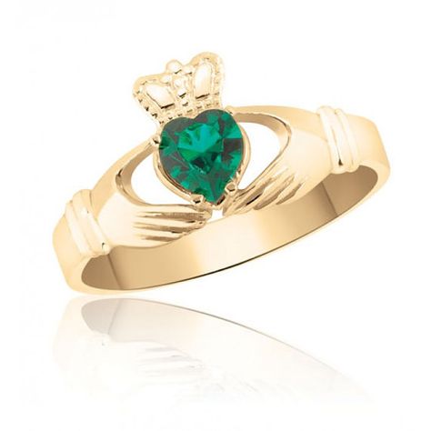 10K Yellow Gold Ladies Claddagh Ring with Stone Celtic Claddagh Ring, Gold Claddagh Ring, Ring With Stone, Galway City, Claddagh Ring, Heart Stone, Claddagh Rings, Green Heart, Galway