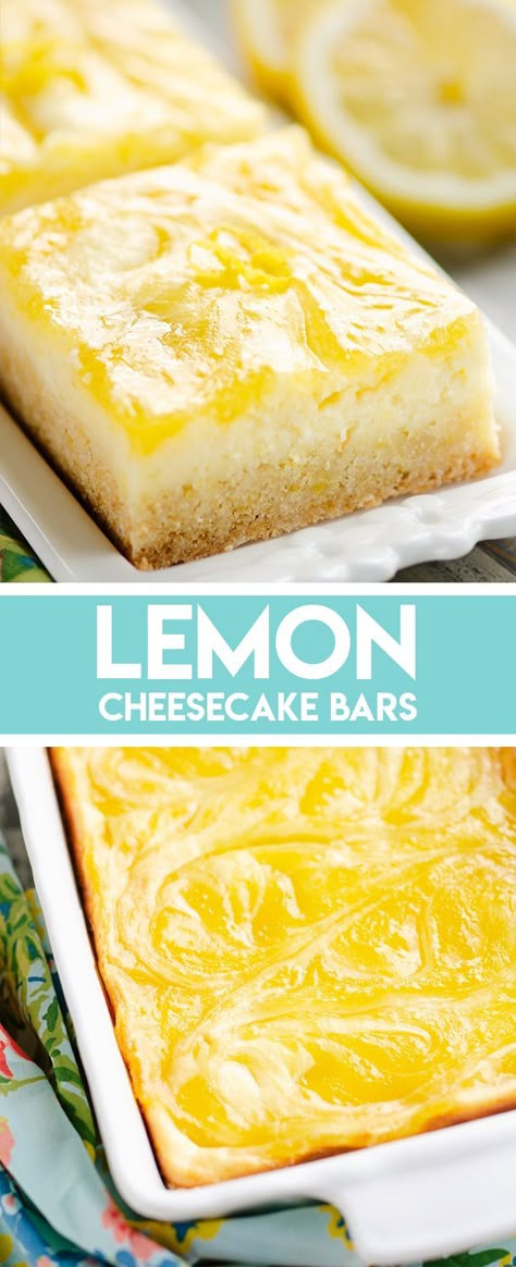 Lemon Cheesecake Bars are a sweet treat with a sugar cookie crust, a rich cheesecake layer and a tart lemon curd swirled throughout. They are fantastic dessert for any special occasion! #Lemon #Cheesecake #Dessert Fantastic Dessert, Tart Lemon Curd, Rich Cheesecake, Lemon Cheesecake Bars, Cheesecake Layer, Sugar Cookie Crust, Cheesecake Dessert, Savory Cakes, Lemon Cheesecake