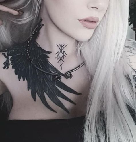 Viking Tattoo Black Raven And Rune Pagan Shoulder Tattoo, Braveheart Tattoo Ideas, Raven Rune Tattoo, Pagan Neck Tattoo, Viking Back Tattoo For Women, Hel Tattoo Norse, Womens Viking Tattoos, Viking Queen Tattoo, The Morrigan Tattoo Celtic Goddess