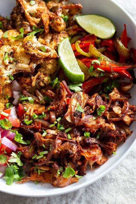 This Chili Lime Roasted Veggies & Jackfruit Bowl with Jalapeno Cream Sauce has so much flavor! The veggies and jackfruit are roasted in 1 sheet pan and dressed with creamy jalapeno sauce. Add the veggies & Chili Lime Jackfruit to tacos or burrito! #Vegan #Glutenfree #Soyfree #Recipe #VeganRicha #chililimejackfruit #jalapenocreamsauce Nutfree option Jackfruit Bowl, Jalapeno Cream Sauce, Burrito Vegan, Creamy Jalapeno Sauce, Vegan Jackfruit, Jack Fruit, Jackfruit Recipes, Creamy Jalapeno, Jalapeno Sauce