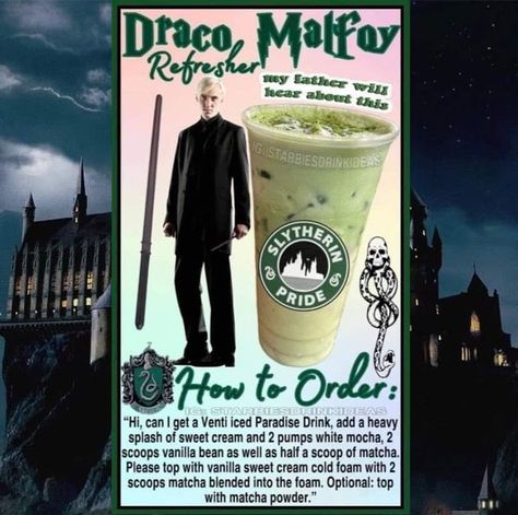 Draco Malfoy Starbucks Drink, Harry Potter Coffee Drinks, Harry Potter Starbucks Drink, Disney Starbucks Drinks, Movie Drinks, Frappuccino Recipes, Starbucks Halloween Drinks, Harry Potter Coffee, Harry Potter Drinks