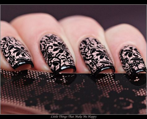 Stamping Lace Manicure Lace Effect Nails, Purple Lace Nails, Black Lace Nails Designs, Black Lace Nails, Lace Manicure, Lace Nail Design, Rockstar Nails, Stamped Nails, Nail Art Printer