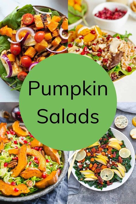 This collection of 20 pumpkin salads is perfect for fall! Browse delicious, healthy salad recipes with butternut squash, pumpkin or other types of winter squash. Salads can be served as a side dish, lunch or light dinner, and pairs beautifully with other seasonal dishes like roast turkey. You can also cook these as a healthy side salad for Thanksgiving or Christmas. Salads For Fall, Recipes With Butternut Squash, Salad For Thanksgiving, Pumpkin And Feta Salad, Pumpkin And Ginger Soup, Wild Rice Salad Recipe, Roast Pumpkin Salad, Vegan Quinoa Salad, Thanksgiving Salad