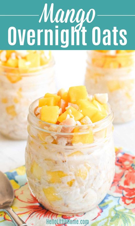 Wake up to the tastiest Overnight Oats with Mango tomorrow morning! Learn how to make the BEST Mango Overnights Oats in a jar (or bowl) using simple ingredients: rolled oats, milk (regular or non dairy), fresh mango, coconut, macadamia nuts, and maple syrup. This scrumptious Mango Oats recipe is easy to make, creamy, healthy, and has a tasty tropical taste you’ll love. Makes an excellent Make Ahead Breakfast (great for Meal Prep). Vegetarian + Vegan Friendly Oatmeal Recipe! | Hello Little Home Veggie Recipes Breakfast, Meal Prep Vegetarian, Mango Overnight Oats, Mango Oatmeal, Oats In A Jar, Oats Milk, Oats Recipes Breakfast, Pumpkin Overnight Oats, Oat Breakfast