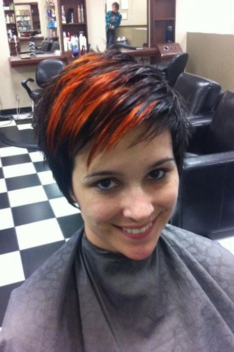 Red And Black Hair Color Short, Red Hair With Black Tips Short, Pixie With Red Highlights, Black With Red Highlights Short, Black And Red Ombre Hair Short, Black Pixie Cut, Orange Highlights, Glamour Hair, Peekaboo Hair