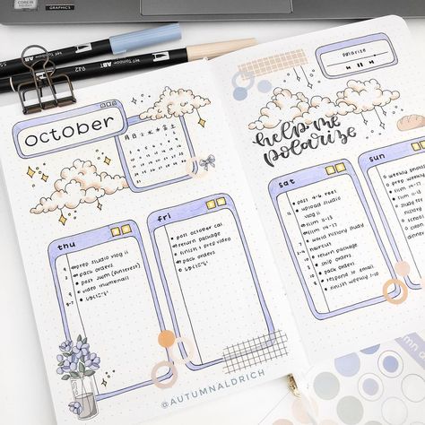 autumn aldrich on Instagram: “Hello :D here’s another weekly - I brought back a bit of a the august theme and added clouds and tøp lyrics ☁️ Oof I have world history…” University Hacks, Bullet Journal Daily, Doodle Techniques, Desk Stuff, تزيين دفاتر, August Themes, Bujo Spreads, Bulletin Journal, Bullet Journal Ideas Templates