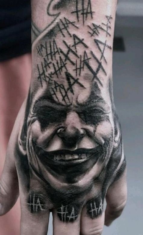 Why So Serious Tattoo Design, Chicano Hand Tattoo, Joker Hand Tattoo, Why So Serious Tattoo, Joker Tattoos, Hahaha Joker, Animal Tattoos For Men, Girl Thigh Tattoos, Family Tattoo Designs