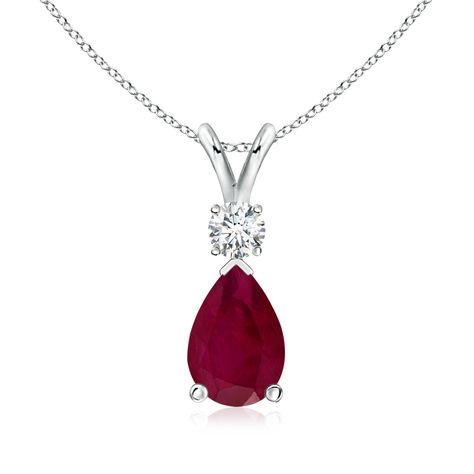 July Birthstone - Pear Ruby Teardrop Pendant Necklace for Women with Diamond in Silver (8x6mm Ruby) #affiliate #angara #necklaces Solitaire Pendant Necklace, July Birthstone Jewelry, Ruby Pendant, Diamond Free, Red Gemstones, Ruby Jewelry, E 40, Teardrop Pendant, Modern Necklaces