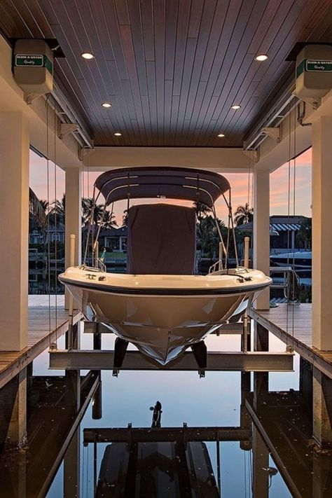 House With Boat Dock, Boat Dock Ceiling, Boat Slip Ideas Lake Houses, Luxury Boat Dock, Luxury Boat House, Beach House With Boat Dock, Boat Dock Lighting Ideas, Boat Docks Ideas Design, Dock House Ideas