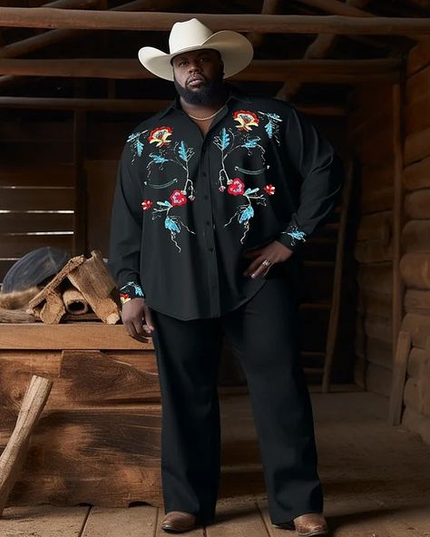 Men's Long Sleeve Shirt Pants Sets|Men's Long Sleeve Button Up Shirt Fashion For Large Men, Western Plus Size, Cowboy Disco, Plus Size Western Wear, Cowboy Outfit, Western Style Shirt, Trouser Outfits, Matching Patterns, Cowboy Outfits